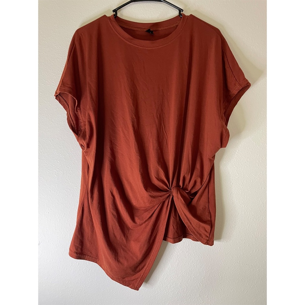 SHEIN Brown Orange Relaxed Tie Front Tee